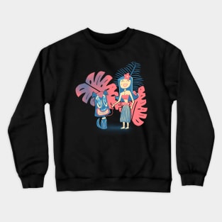 Tiki Pets Tropical Island Cute Girl with Tiki Dog Crewneck Sweatshirt